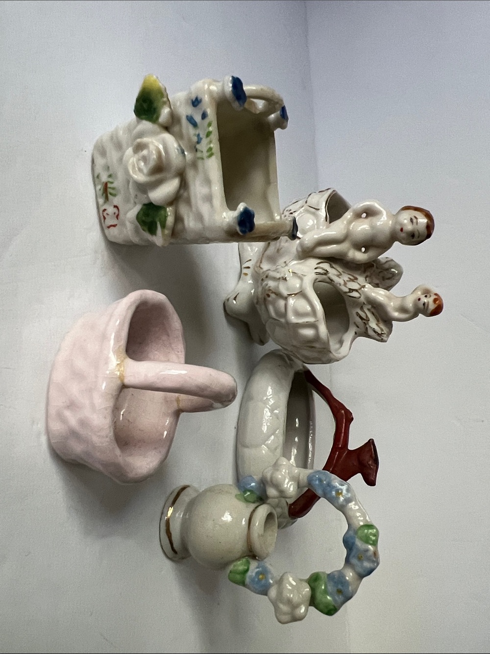 Vintage Ceramic Decorative miniature Vases - Pastel Pink & White. Set of 5.